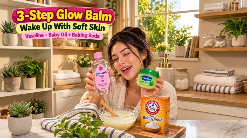 A smiling woman winking holding a bottle of Johnson s Baby Oil and a jar of Vaseline Aloe Vera with a glass bowl contain
