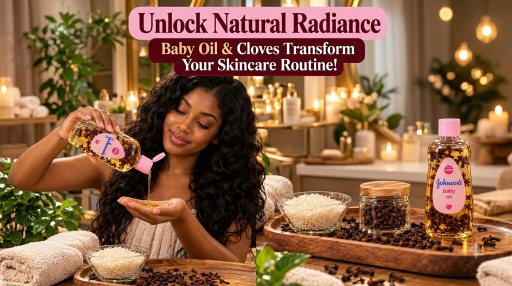A woman gently pours clove-infused baby oil into her palm smiling On a rustic wooden tray there are bottles of the oil a