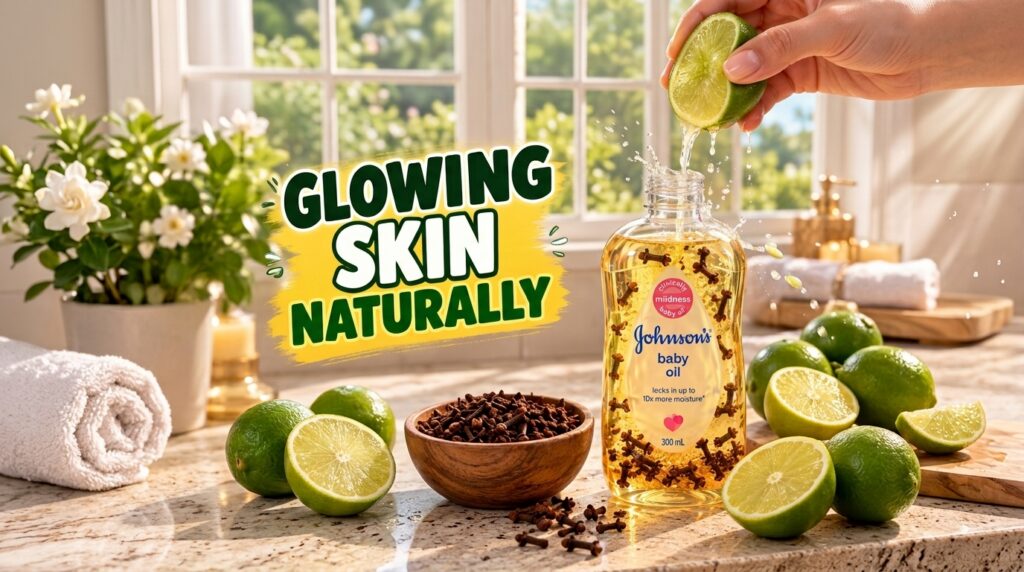 A bottle of baby oil infused with cloves with fresh lime being squeezed into it surrounded by loose cloves and lime halv