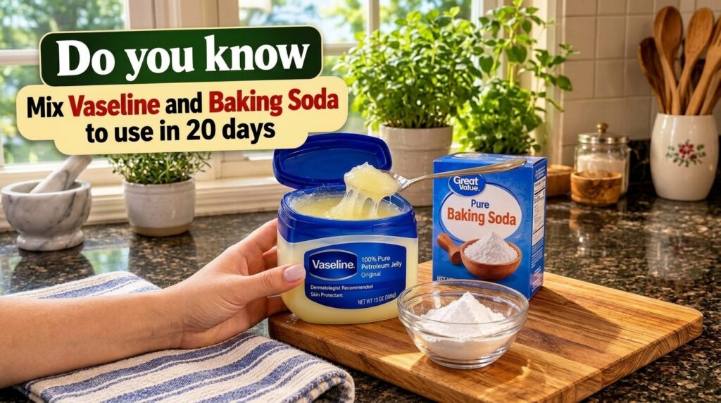 A close-up of a hand holding an open jar of Vaseline petroleum jelly with a spoon scooping out a generous stringy portio