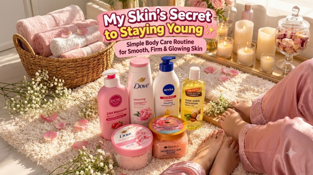 A flat lay of various body care products lotions body wash scrubs oil on a white plush rug with a person s legs in pink 