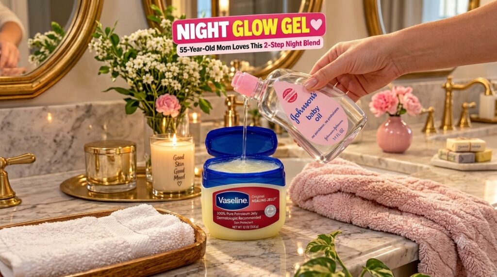 A hand pouring Johnson s Baby Oil into a tub of Vaseline Original Healing Jelly on a marble counter with a lit candle an