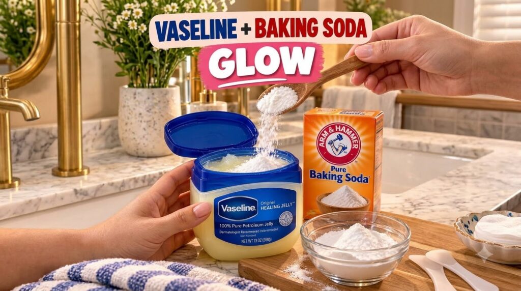 A tub of Vaseline Healing Jelly with baking soda being poured into it from a wooden spoon A box of Arm Hammer Baking Sod