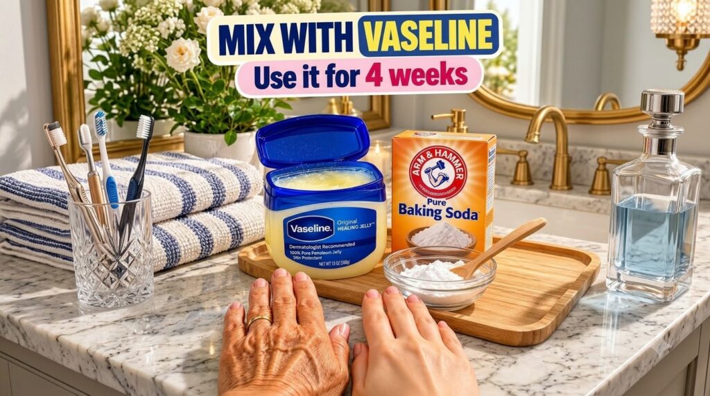 A flat lay composition featuring an open jar of Vaseline a bowl of baking soda and two hands one older one younger on a 