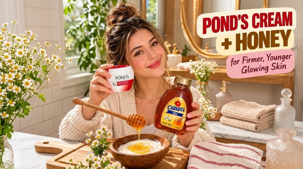 A smiling woman holding Pond s Rejuveness cream and a honey bottle with honey drizzling into a bowl of yogurt surrounded