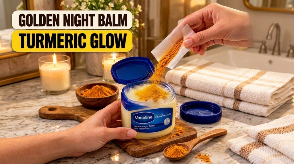A close-up shot of a hand pouring golden turmeric powder into a jar of Vaseline petroleum jelly with another hand gently