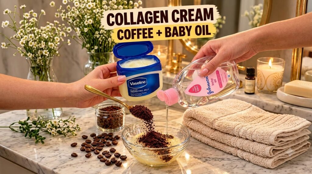 A close-up top-down view of a hand pouring Johnson s baby oil into a clear bowl containing Vaseline and coffee grounds w