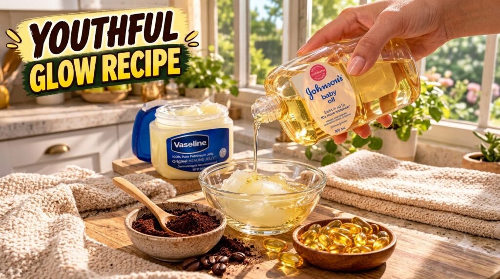 A close-up shot of ingredients for a DIY skin recipe on a wooden surface A hand is pouring baby oil into a glass bowl co