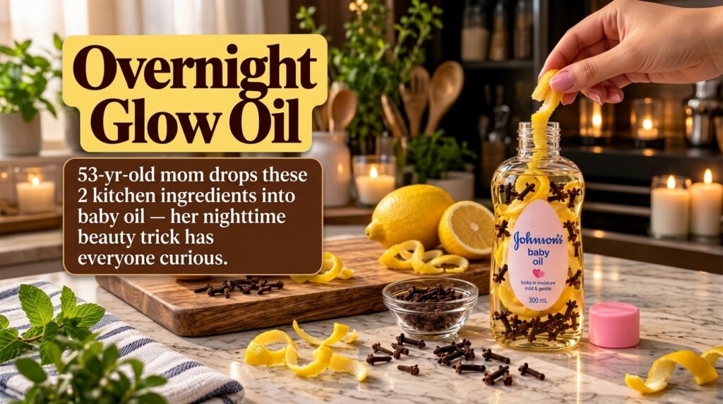 A bottle of Johnson s baby oil infused with lemon peels and cloves with a hand adding a lemon peel to the bottle Fresh l