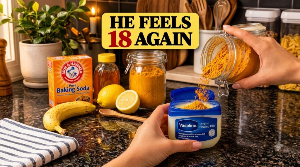 Hands pouring vibrant yellow turmeric powder from a glass jar into a white tub of Vaseline Healing Jelly with baking sod