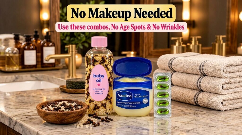 Various natural beauty products and ingredients including a bottle of baby oil with cloves an open tub of Vaseline and a