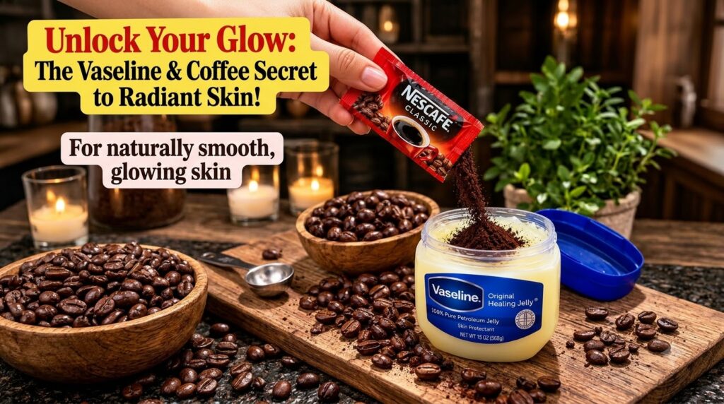 A hand pouring instant coffee powder from a sachet into a tub of Vaseline Original Healing Jelly set on a rustic wooden 