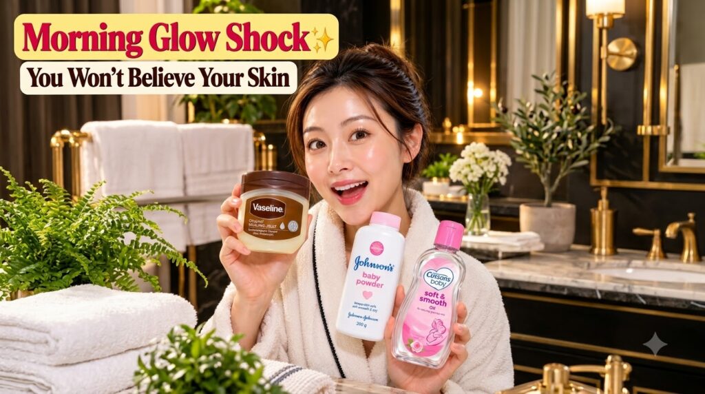 A radiant young Asian woman in a white bathrobe smiling brightly and holding up three skincare products Vaseline Origina
