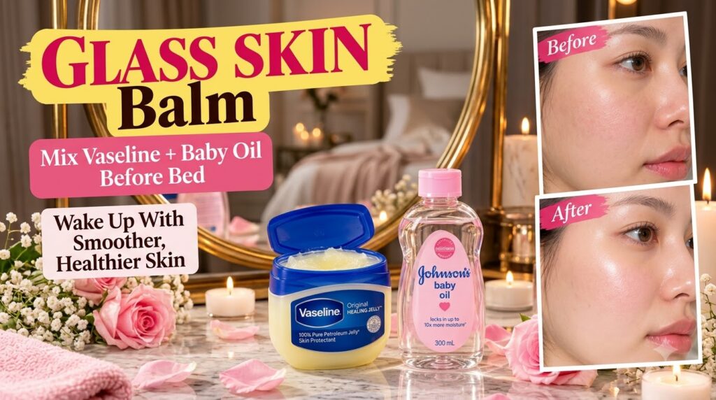 A beauty hack setup with Vaseline and Johnson s Baby Oil on a vanity surrounded by pink roses a towel and lit candles Ov