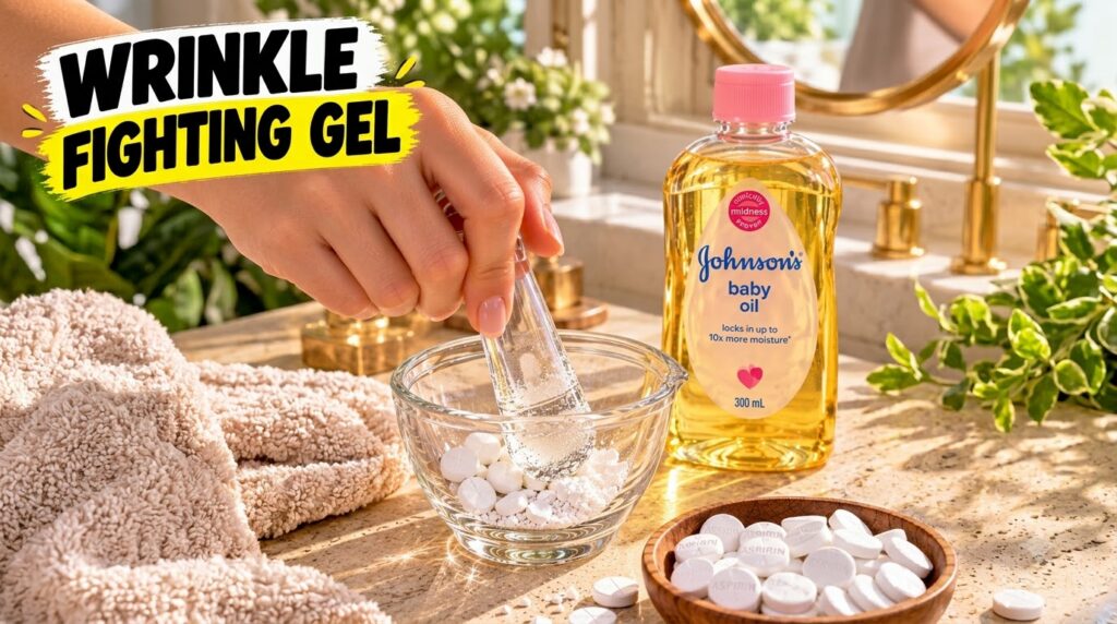 A hand holding a clear dropper over a glass bowl containing crushed white aspirin pills mixed with liquid with a bottle 