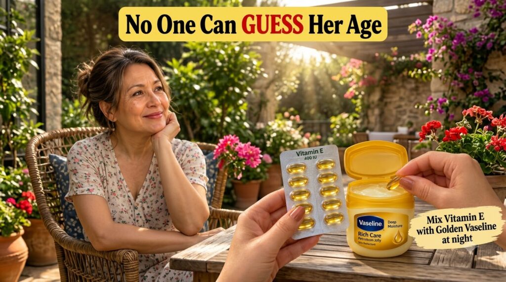 Hands squeezing a golden Vitamin E capsule into an open jar of Vaseline Rich Care Petroleum Jelly with a smiling woman w