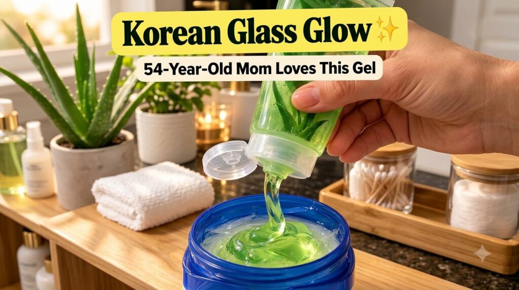 A hand gently squeezing a transparent green bottle from which viscous green aloe vera gel is pouring into a blue tub Alo