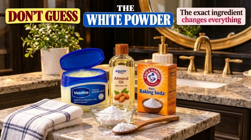 An assortment of personal care and household items on a speckled countertop featuring an open jar of Vaseline a bottle o