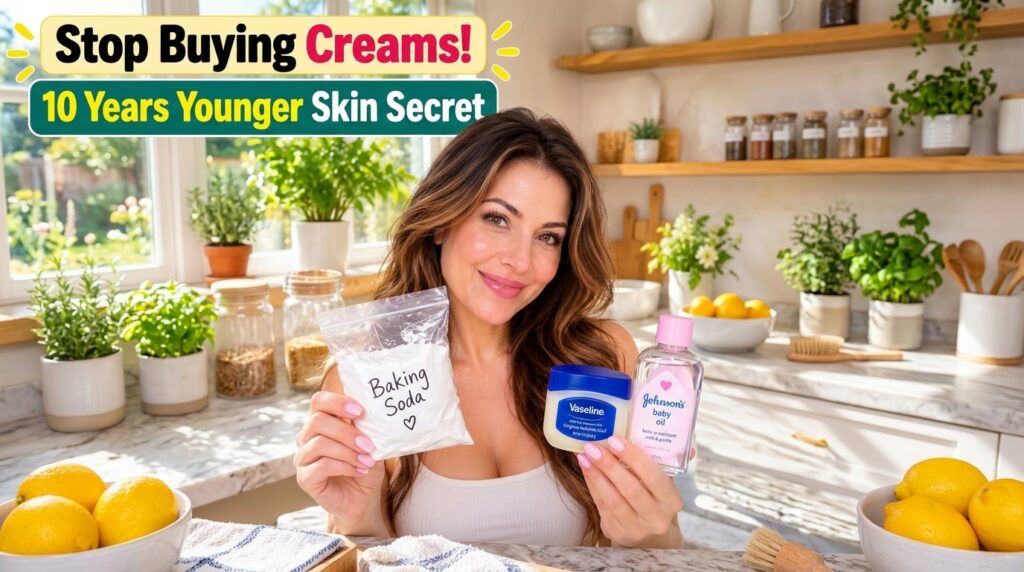 A smiling woman holding a clear bag of baking soda a tub of Vaseline and a bottle of Johnson s baby oil in a bright kitc