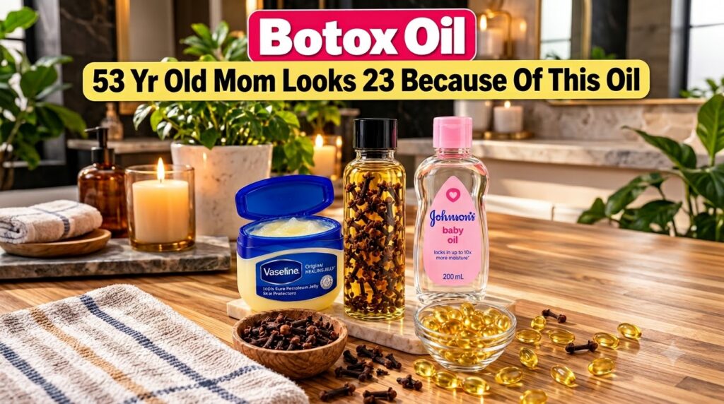 A collection of skincare ingredients on a wooden surface including an open jar of Vaseline a bottle of oil infused with 