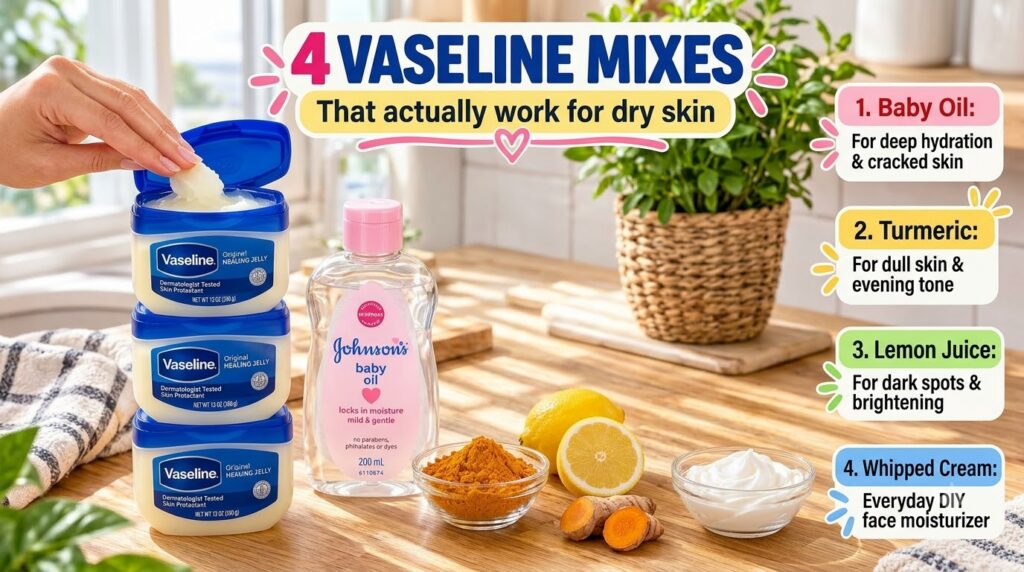 An infographic showing 4 Vaseline mixes for dry skin featuring Vaseline tubs a hand scooping product baby oil turmeric p