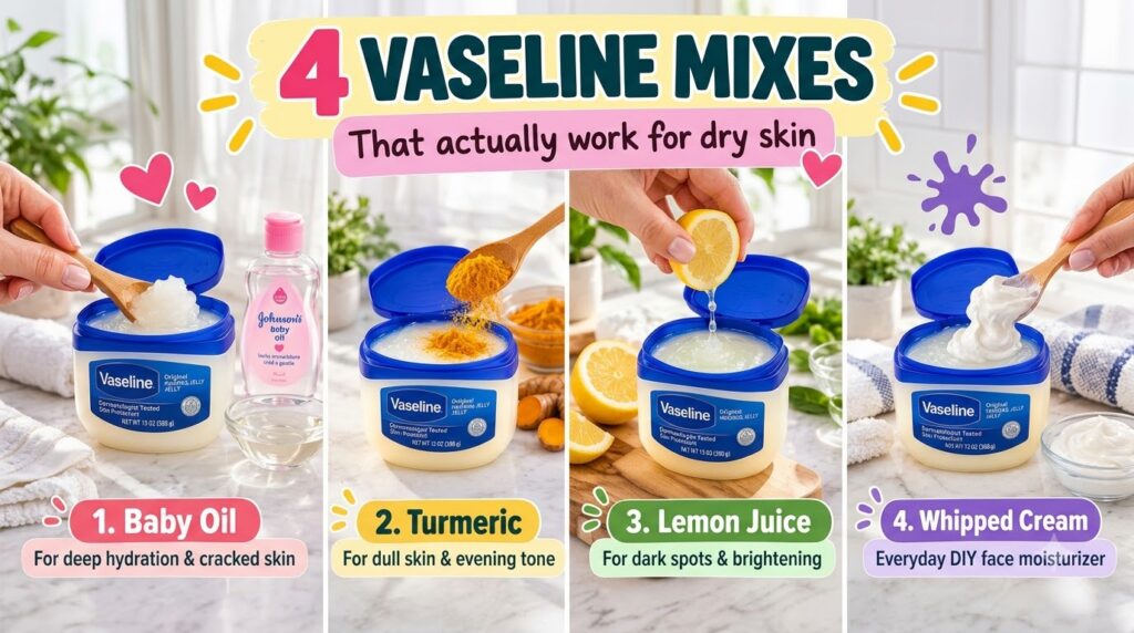 A brightly lit top-down grid display of four DIY Vaseline skincare mixes Each quadrant shows a tub of Vaseline with a di