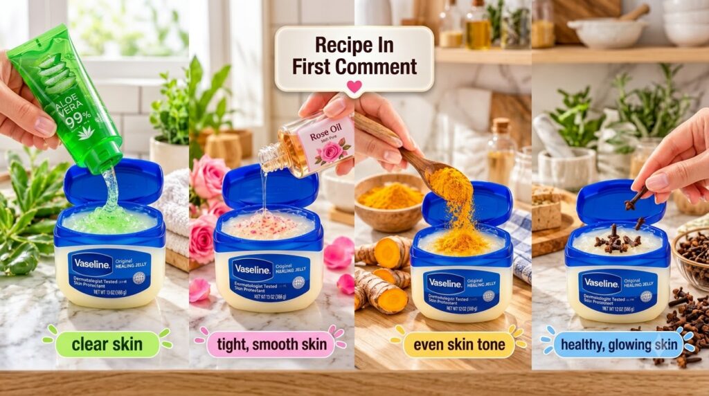 A 2x2 grid showing four jars of Vaseline mixed with natural ingredients aloe vera for clear skin rose oil for tight smoo