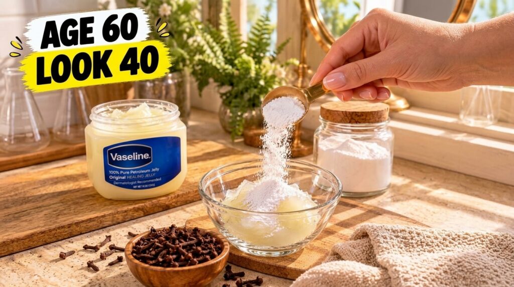 A close-up of a hand pouring white powder from a golden measuring spoon into a glass bowl with Vaseline