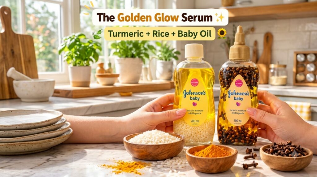 Two hands holding Johnson s baby oil bottles one with rice one with cloves in oil against a bright kitchen background wi
