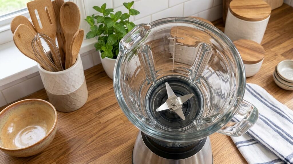 A clean empty glass blender jar with sharp blades ready for use on a wooden kitchen counter with a blurred background of