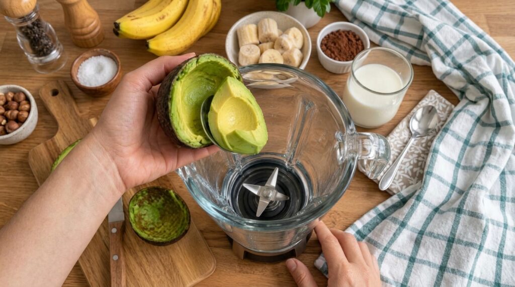 A top-down view of someone preparing a smoothie scooping fresh avocado into a glass blender The composition highlights t