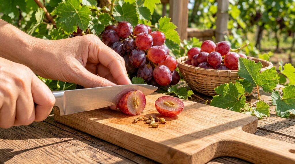A close-up of a hand slicing a red grape on a wooden cutting board with water droplets and grape seeds scattered In the