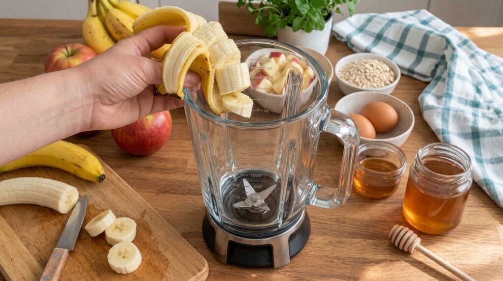 A hand dropping sliced bananas into a clear glass blender surrounded by bowls of mixed berries oats and a carton of milk