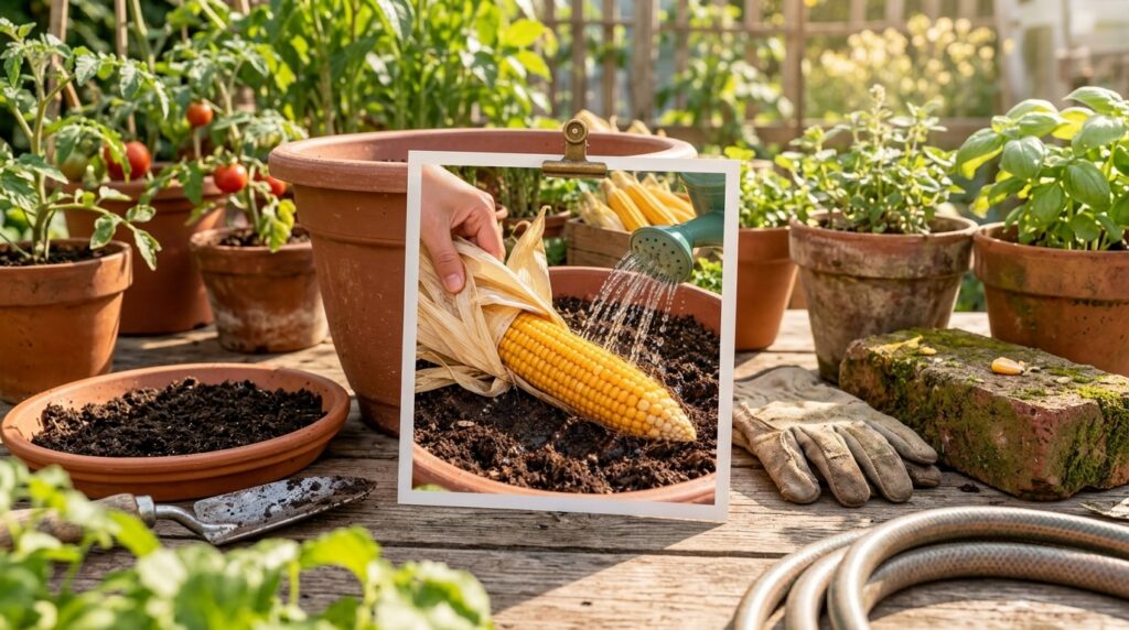 A close-up of hands holding an ear of corn being watered in a terracotta pot with a green watering can harvested corn in