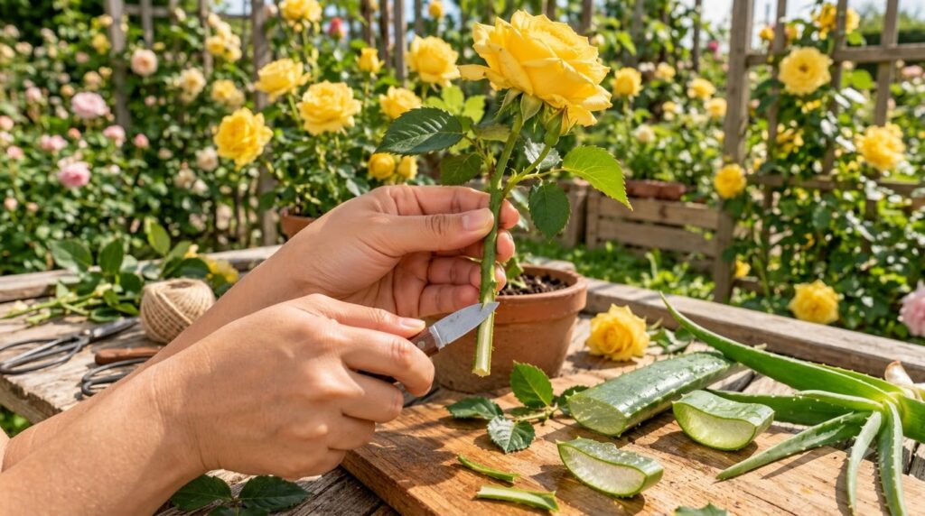 Hands preparing a yellow rose stem for propagation with slices of aloe vera on a wooden board