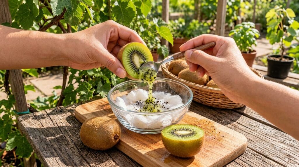 Hands scooping vibrant green kiwi pulp with black seeds from a halved kiwi into a glass bowl with a white base on a wood