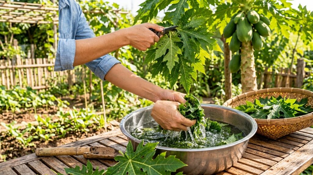Hands using shears to cut a fresh green papaya leaf from a branch with a papaya tree laden with fruit visible in the bac