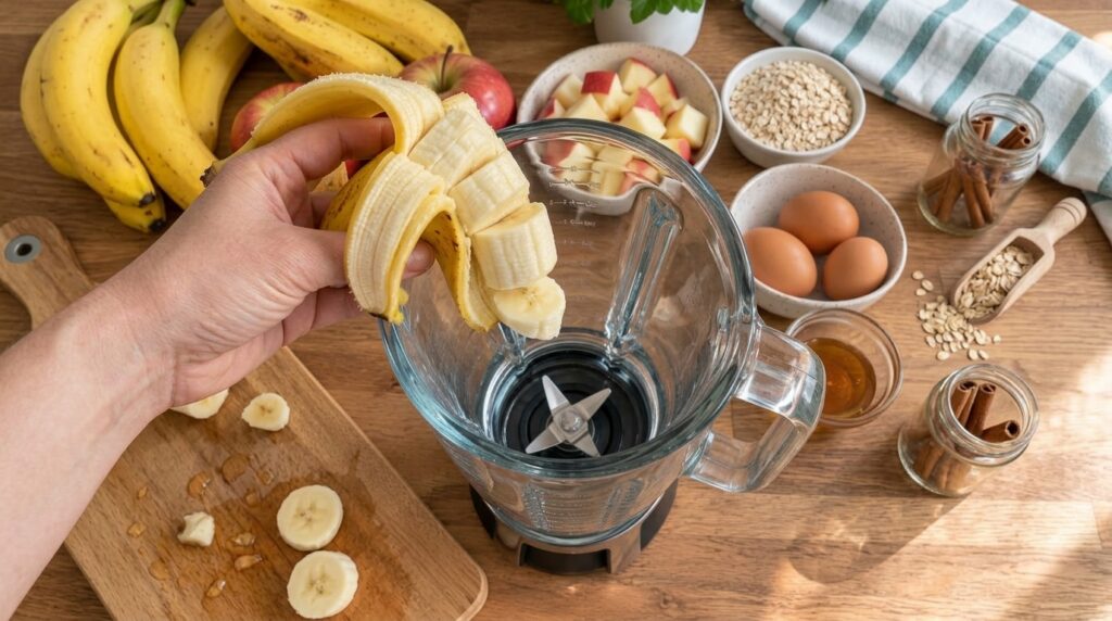 A top-down view of a hand adding sliced banana into an empty glass blender jar Various other smoothie ingredients like w