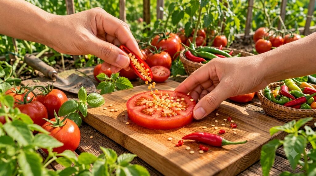 Close-up of hands adding chili seeds from a red chili pepper onto a fresh slice of tomato on a wooden cutting board