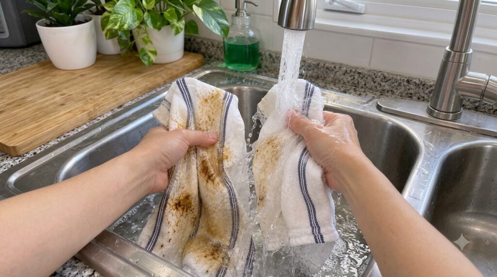 A pair of hands vigorously scrubbing a heavily stained white kitchen towel under running water in a stainless steel sink