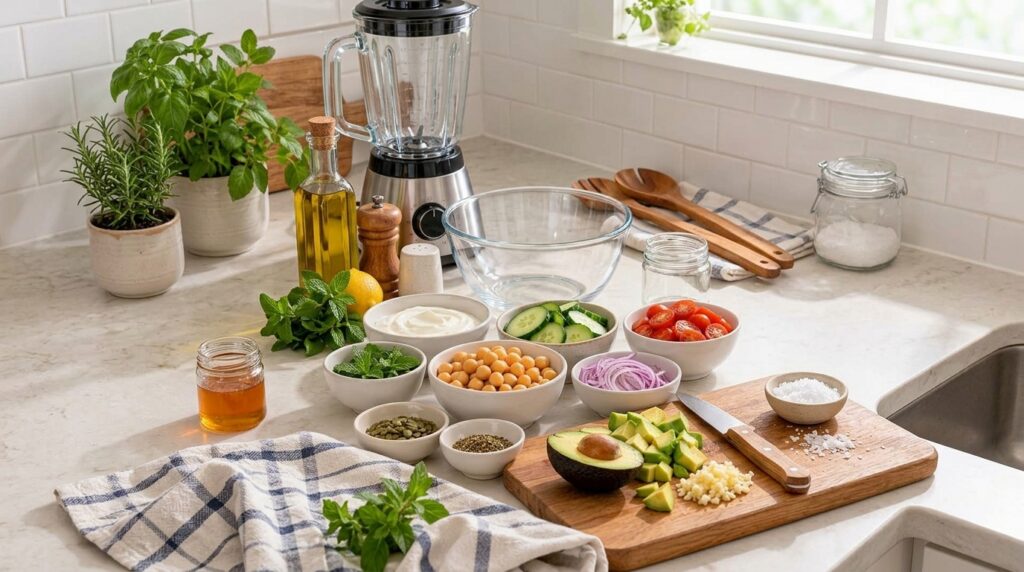A vibrant green creamy avocado garlic dressing drizzled over a fresh salad in a bowl