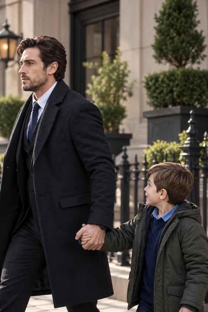 An adult man in a suit and overcoat walks hand-in-hand with a young boy who looks up at him joyfully They are on a city 