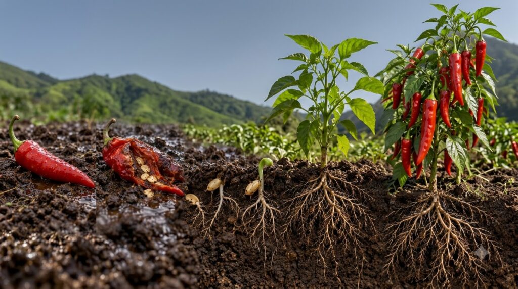 A nine-panel grid showing the complete life cycle of a chili pepper plant from a single pepper decomposing to seeds germ