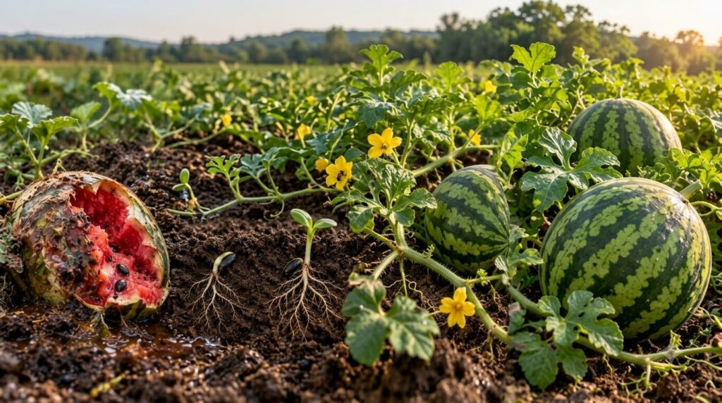 A 3x3 grid showcasing the full life cycle of a watermelon whole fruit decomposing fruit with seeds germinating seeds wit