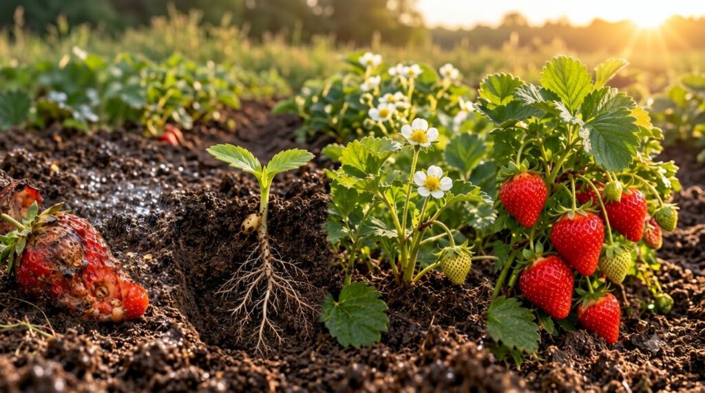 A 3x3 grid illustrating the full life cycle of a strawberry from a fresh berry to decomposition germination seedling flo