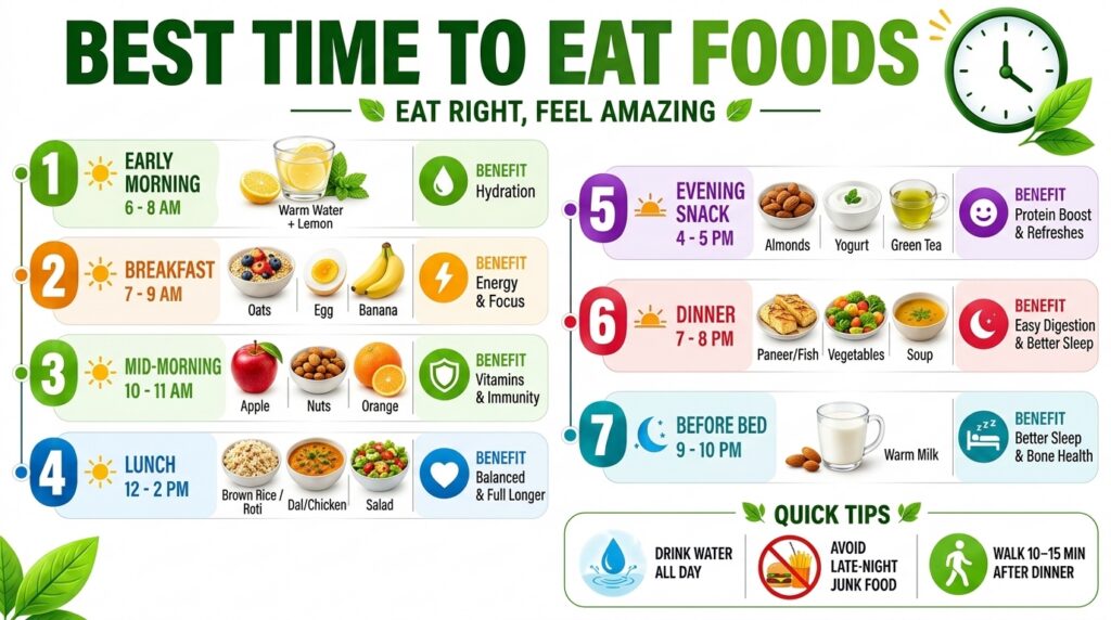 A brightly colored infographic titled BEST TIME TO EAT FOODS showing optimal eating schedules with icons for lemon water