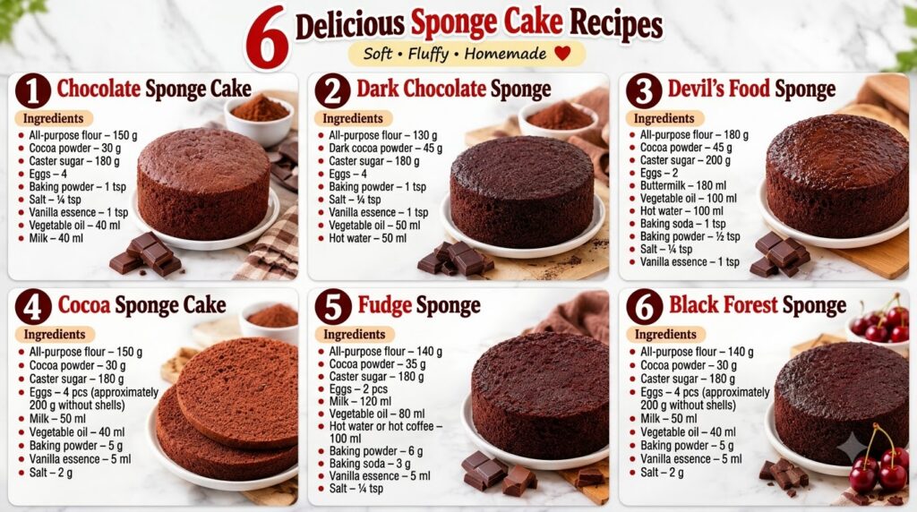 A collage of six different chocolate sponge cake recipes beautifully prepared and presented on light surfaces with ingre