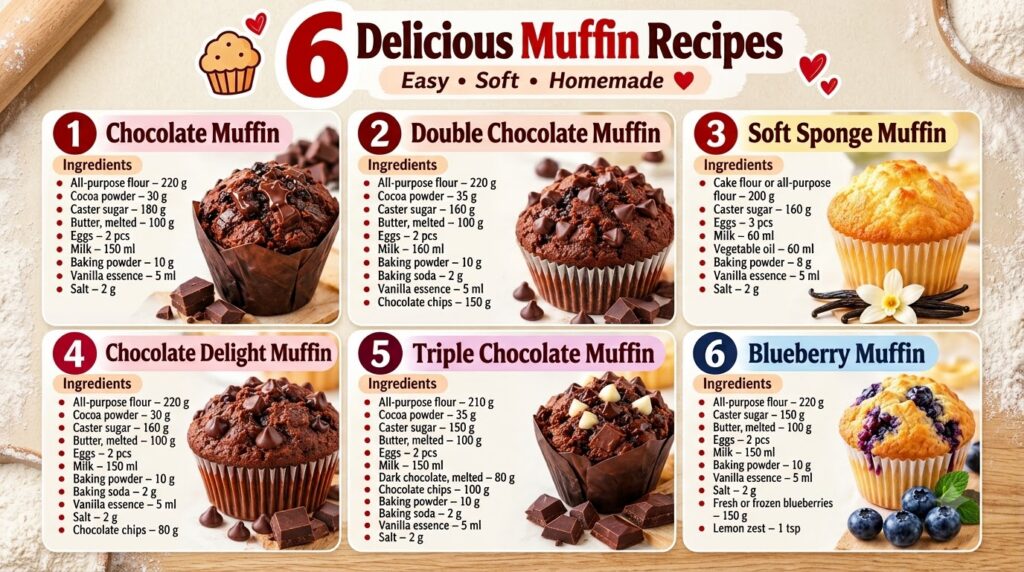 A grid layout showcasing six different types of muffins each with its own delicious photograph and an accompanying list