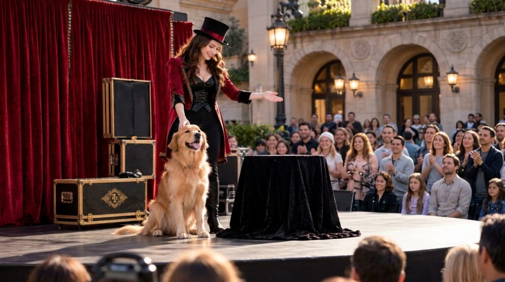 A smiling female magician in a top hat and red velvet jacket petting a golden retriever on a stage with a draped table n
