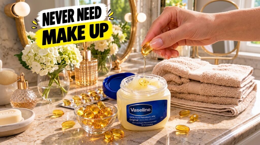 A hand is squeezing a golden liquid from a vitamin E capsule into a small open jar of Vaseline petroleum jelly on a marb